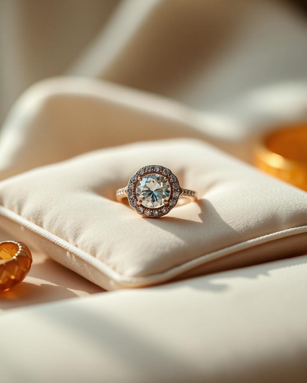 Caratry craftsmanship — a halo diamond ring on velvet